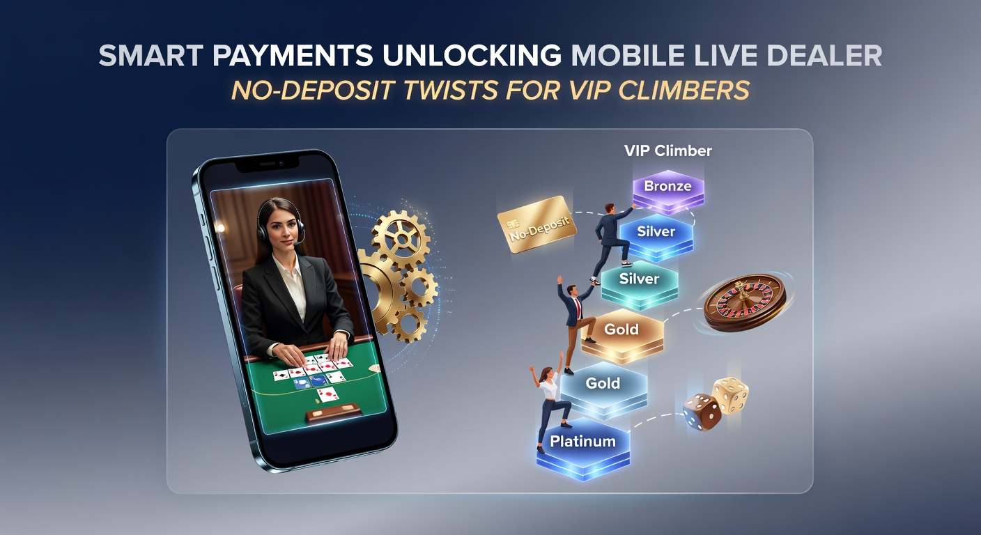 VIP-Spieler auf Smartphone mit Live-Dealer-Tisch, smarte Zahlungsoptionen und No-Deposit-Badges im Vordergrund