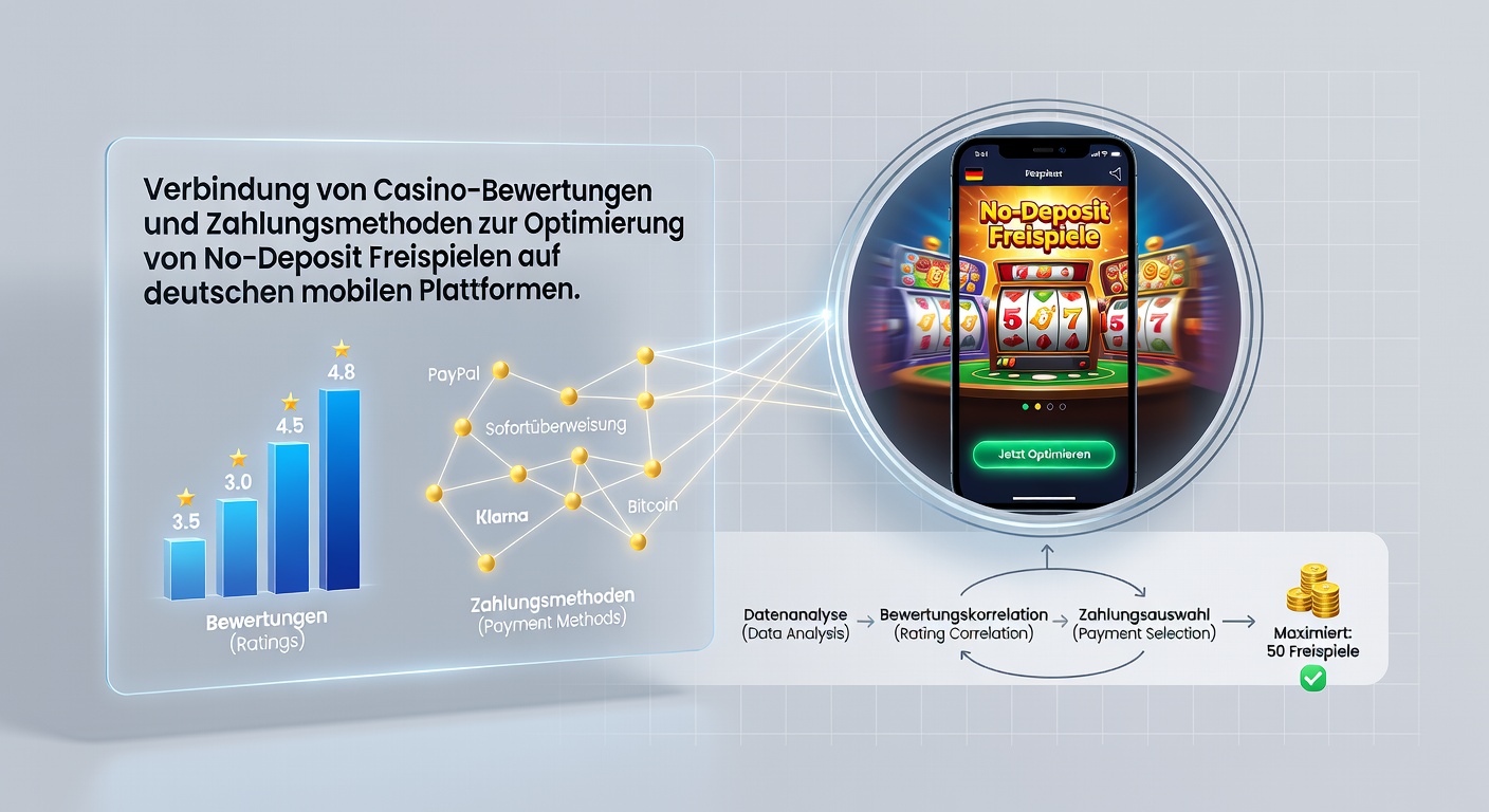 Illustration der Verbindungen zwischen Casino-Bewertungen, Zahlungsmethoden und No-Deposit Free Spins in deutschen mobilen Casinos