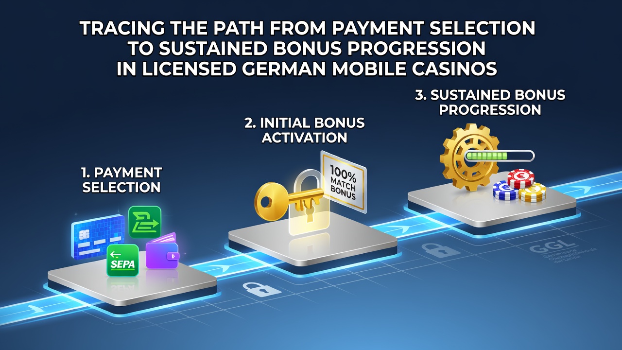 Zahlungsauswahl und Bonusprogression in deutschen Mobile-Casinos dargestellt durch mobile Geräte und Casino-Symbole